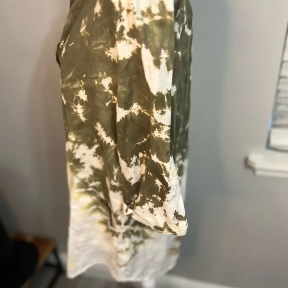 Xovi Linen Shirt Green Medium Tie Dye Tunic Length Pockets Convert Sleeves - Picture 13 of 13